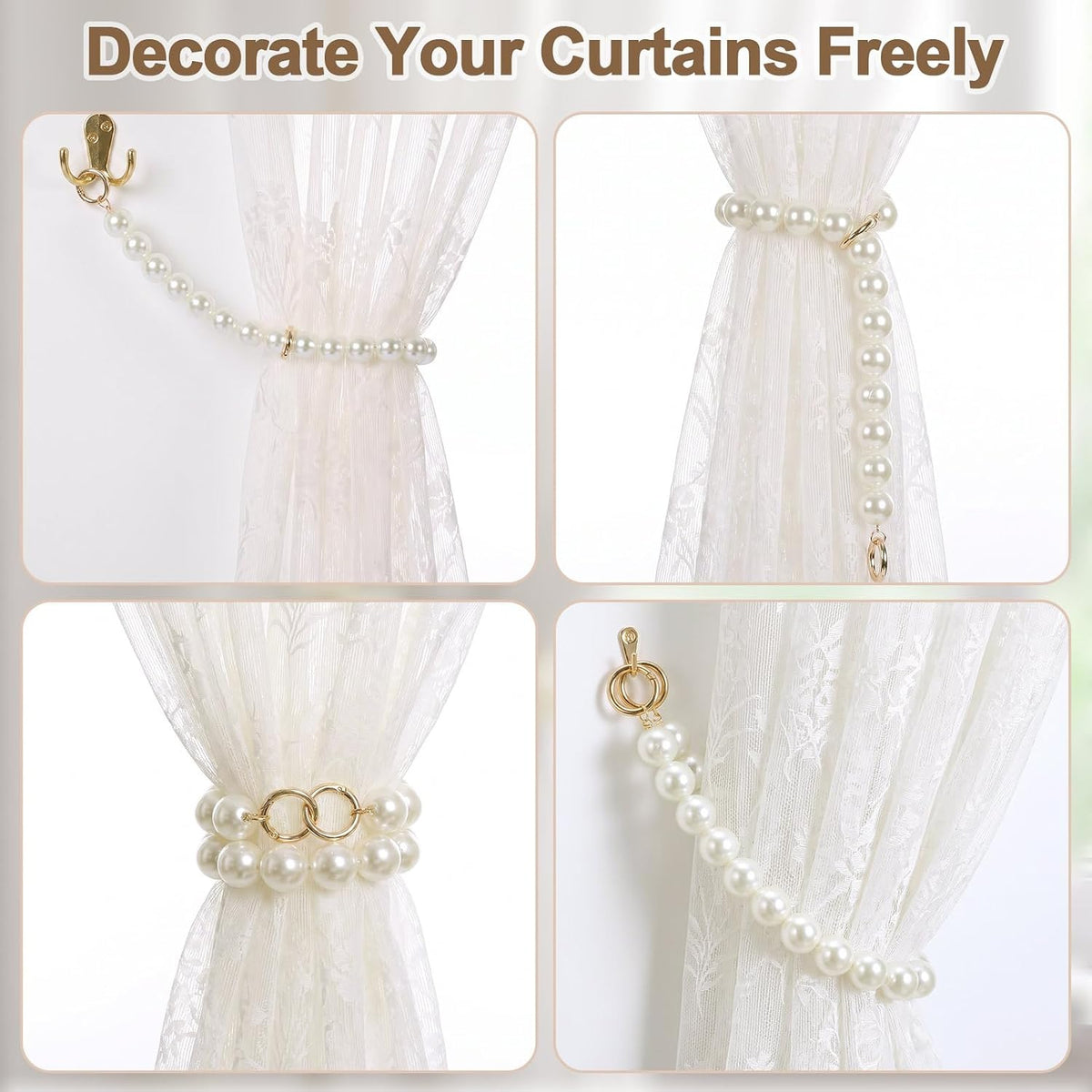 Tondiamo 2 Pack Pearl Curtain Tiebacks Decorative Window Drape Holdbacks with Large Pearls French Rustic Curtain Tie Bands for Bedroom Living Room Home Decor (Single)