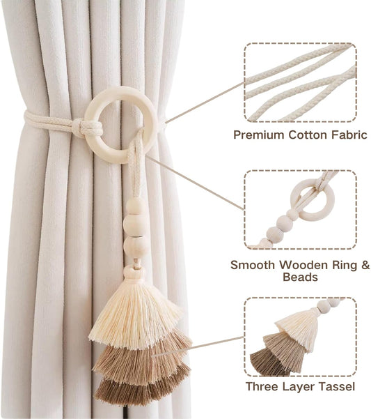 Boho Curtain Tiebacks with Wooden Beads & Tassel 2 Pack, Beige