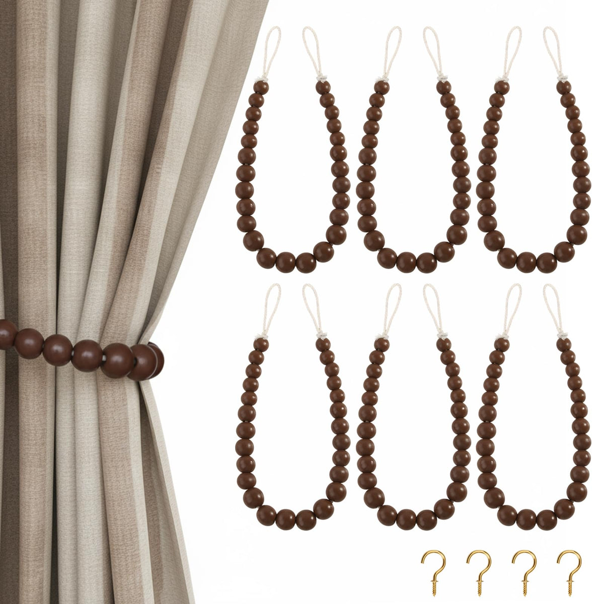 Hion 2-Pack Curtain Tiebacks,Curtain Holdbacks,Boho Wood Bead Tie Backs