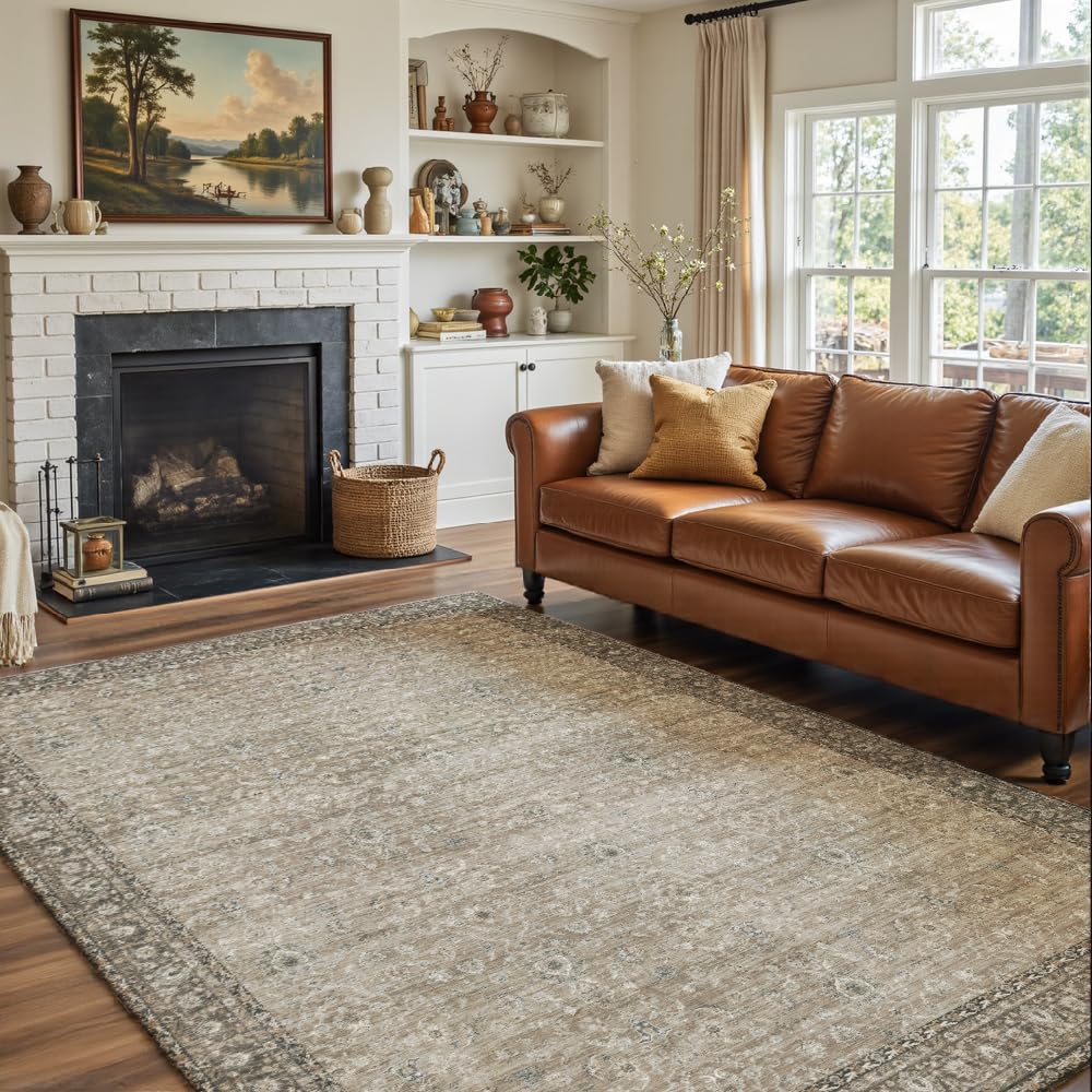 8x10 Reddish Brown Washable Area Rug for Living Room, Vintage Print
