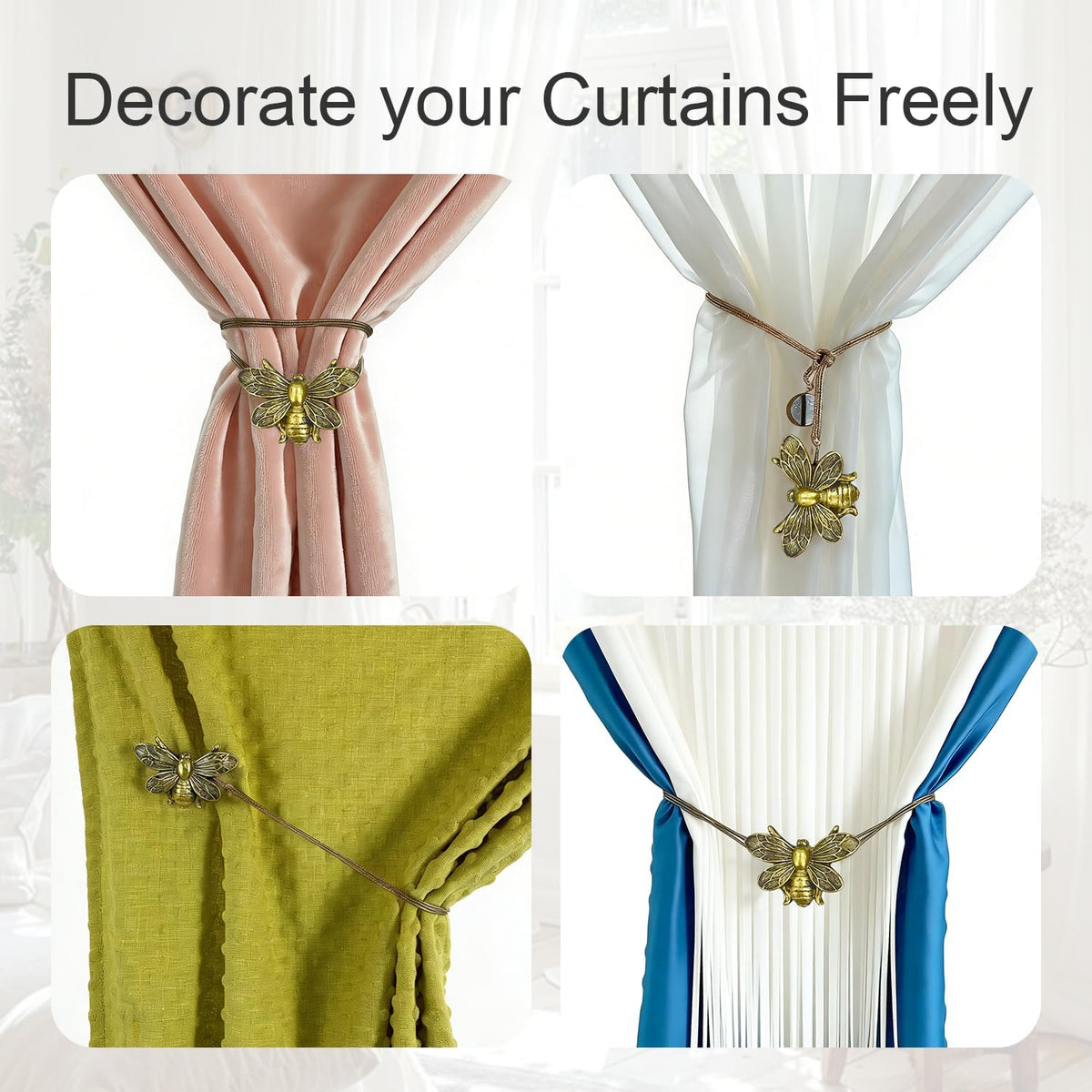 Bronze Flying Bee Magnetic Curtain Tiebacks - 2 Pack Resin Holdbacks