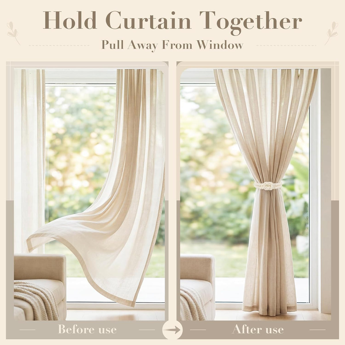 Magnetic Curtain Tiebacks, Boho Curtain Holdbacks, Beige, 2 Pcs