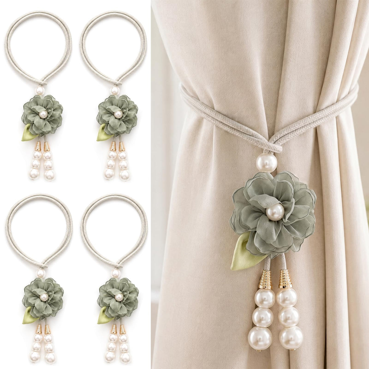 Adjustable Curtain Tiebacks， 4-Pack Hand-Woven Rope with Silk Flower & Pearl， Decorative Window Cord Holders for Drapery， Long Loop Design for All Curtain Thickness (Purple)