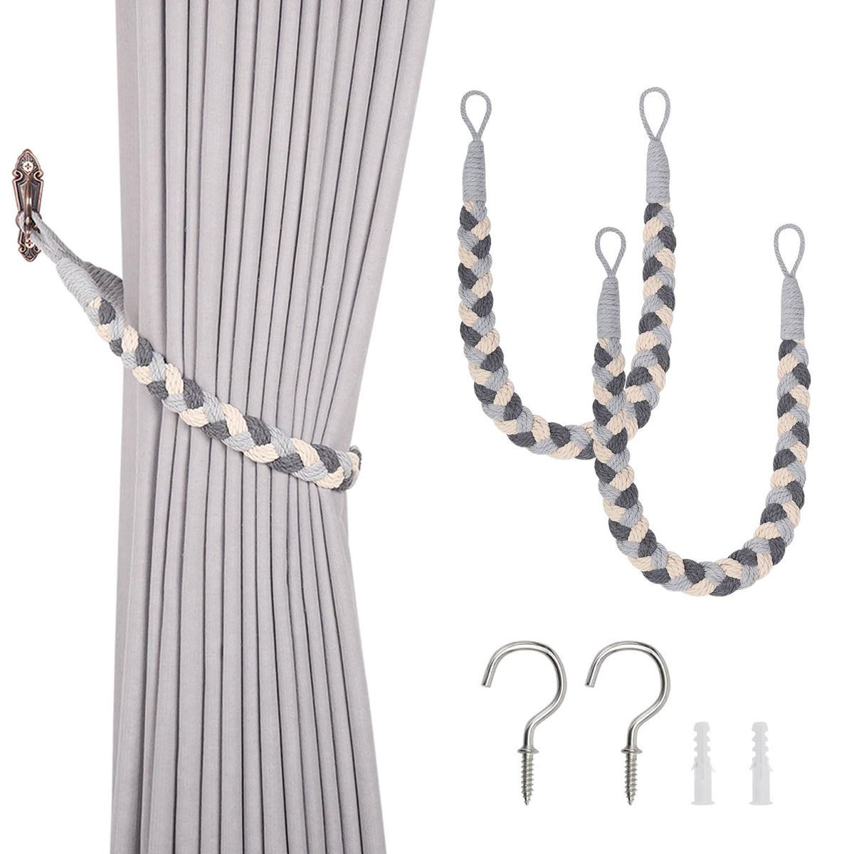 NICEEC 2 Pack Natural Cotton Rope Curtain Tiebacks Elegant Boho Style Decorative Drape Tie Backs Soft Hand-Woven Rope Curtain Holdbacks with Metal Hook for Home & Office Drapery (Coffee)