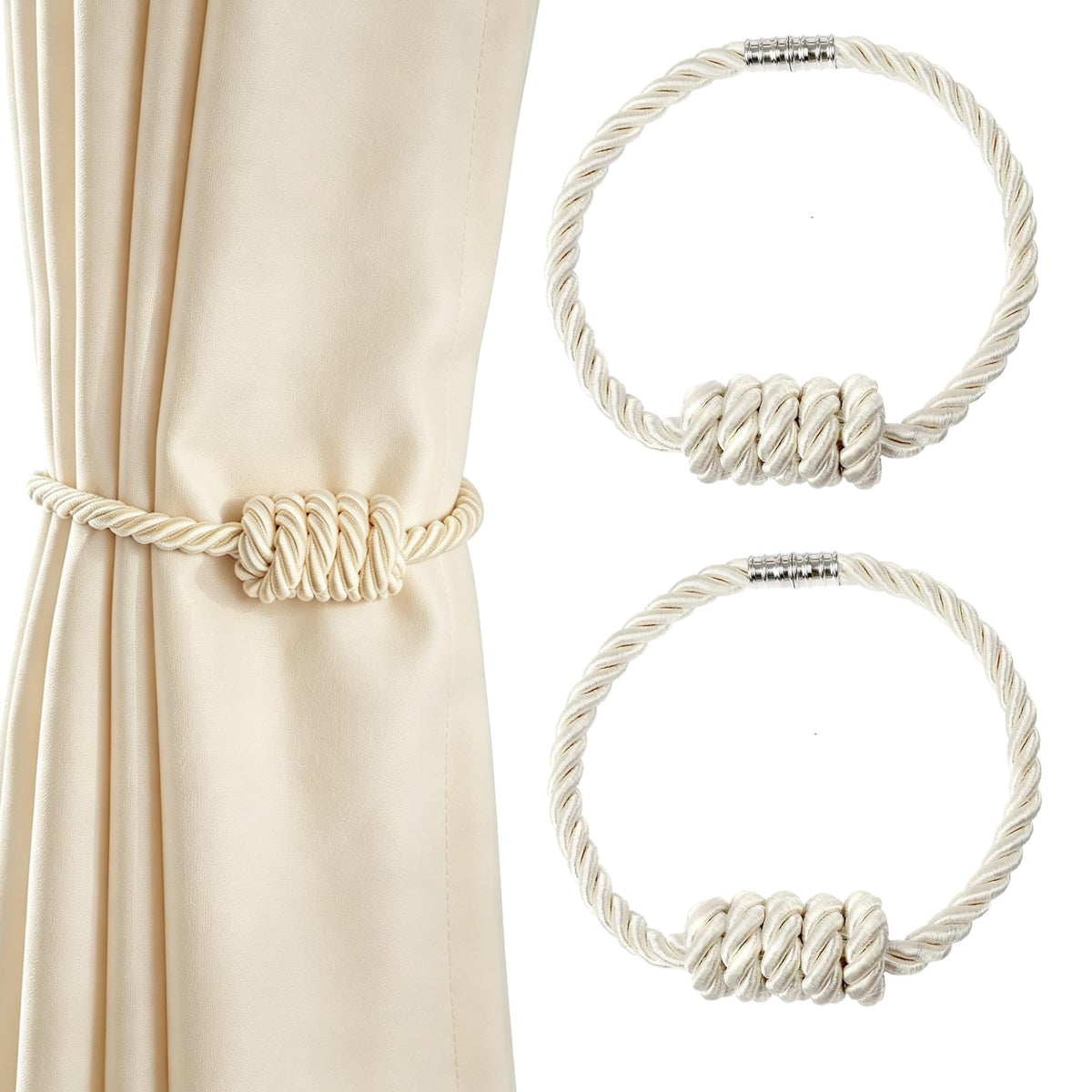 2 Pack Magnetic Curtain Tiebacks with Rope Knot(Gold,2P)