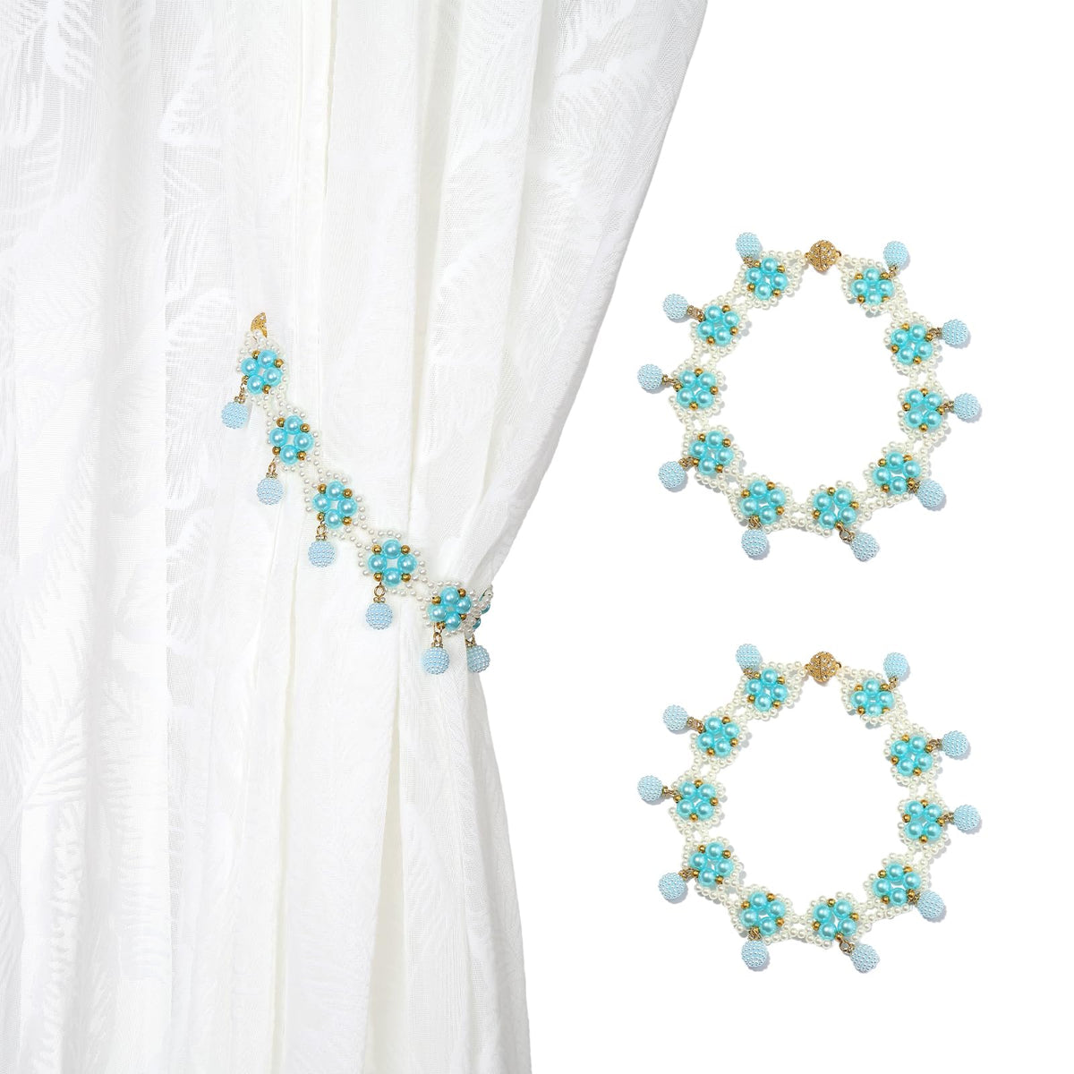 SUQ I OME Magnetic Pearl Beaded Curtain Tieback, White, 1 Pair