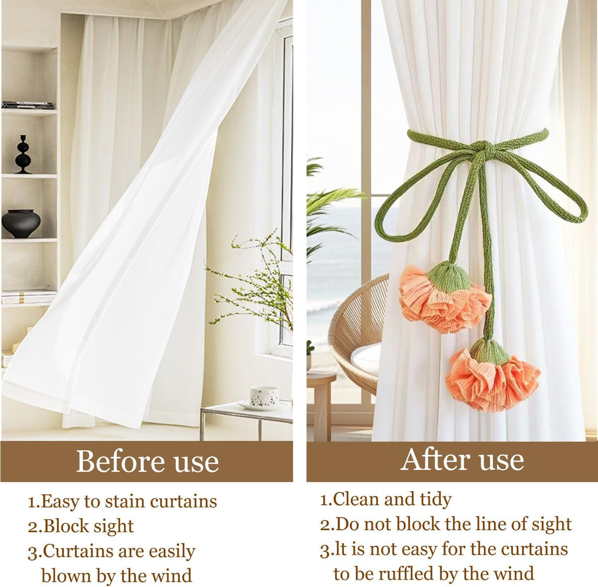 Handmade Curtains Tiebacks, Boho Flower Curtain Tie Backs Curtain Holder Tie Backs for Curtains Braided,Cute Flower Curtain Ties Decorative Rope for Bedroom Window Treatment (Orange)
