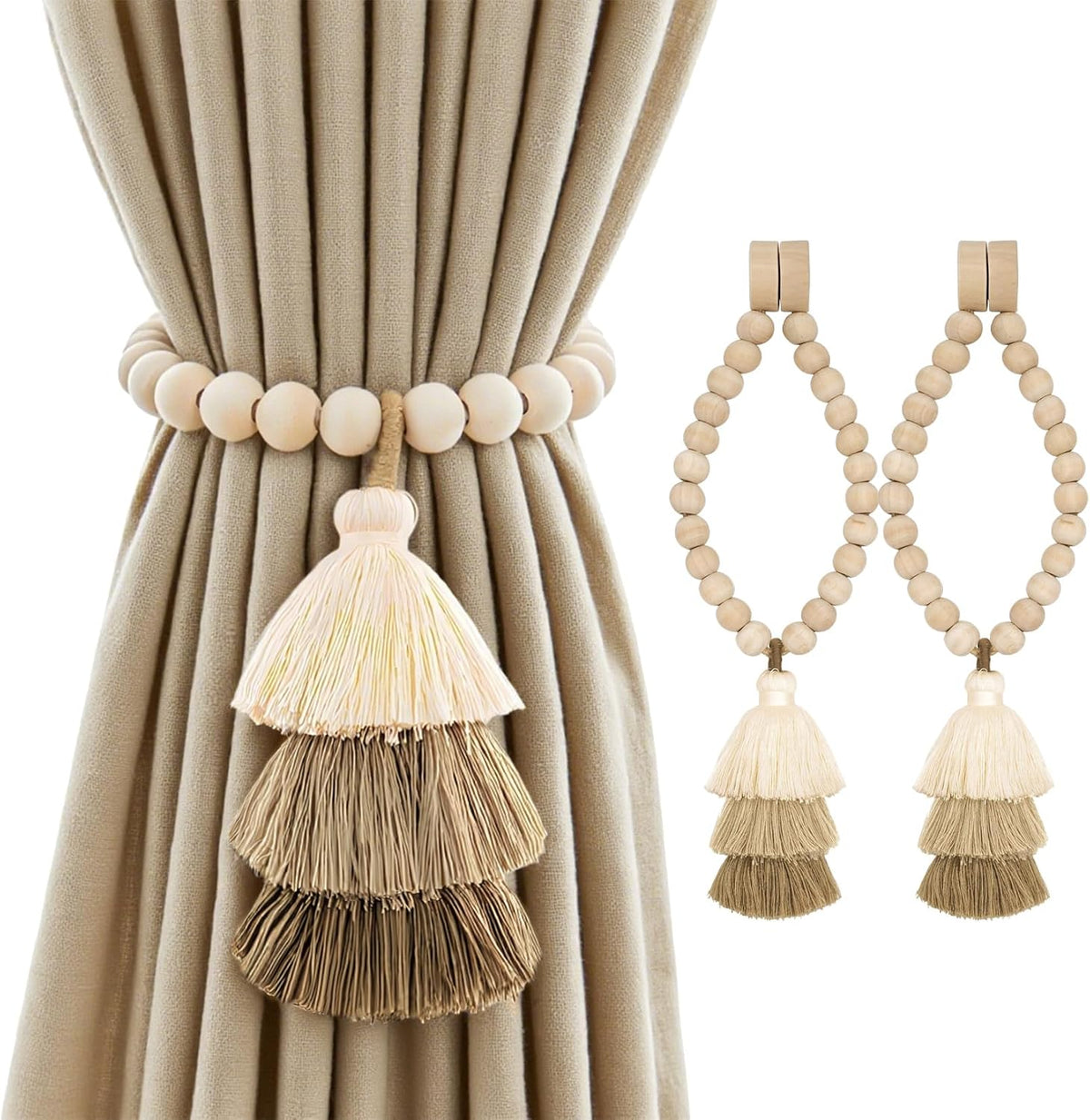 Magnetic Curtain Tiebacks with Wood Beads, Boho Rope Drapery Holdbacks with Triple Tassels, No Drill Curtain Holders for Farmhouse Bedroom, Living Room or Nursery, 2 Pack, Beige Taupe Brown