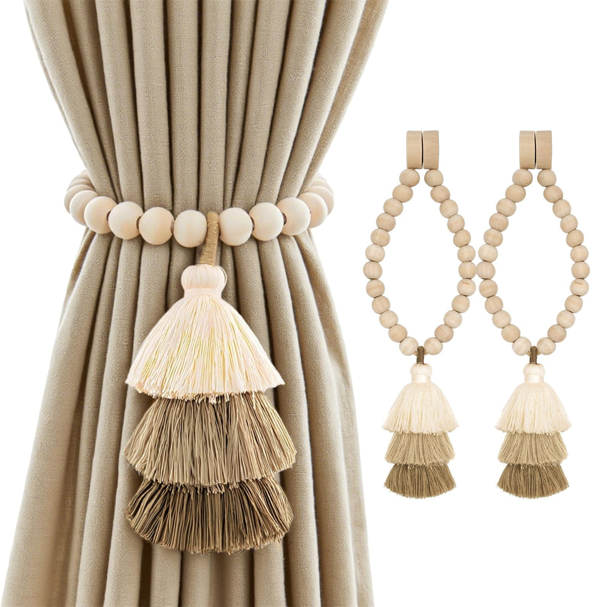 Magnetic Curtain Tiebacks with Wood Beads, Boho Rope Drapery Holdbacks with Triple Tassels, No Drill Curtain Holders for Farmhouse Bedroom, Living Room or Nursery, 2 Pack, Beige Taupe Brown