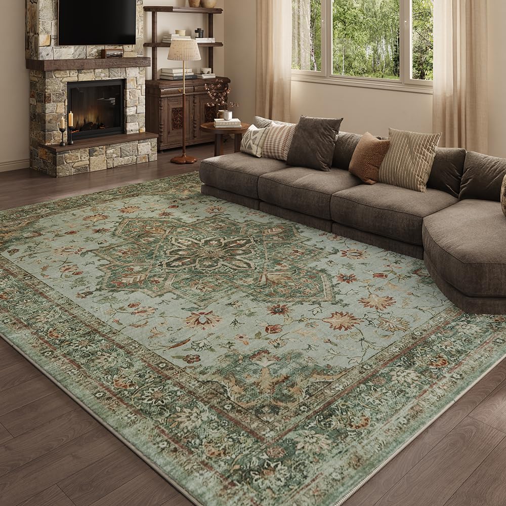 8x10 Reddish Brown Washable Area Rug for Living Room, Vintage Print