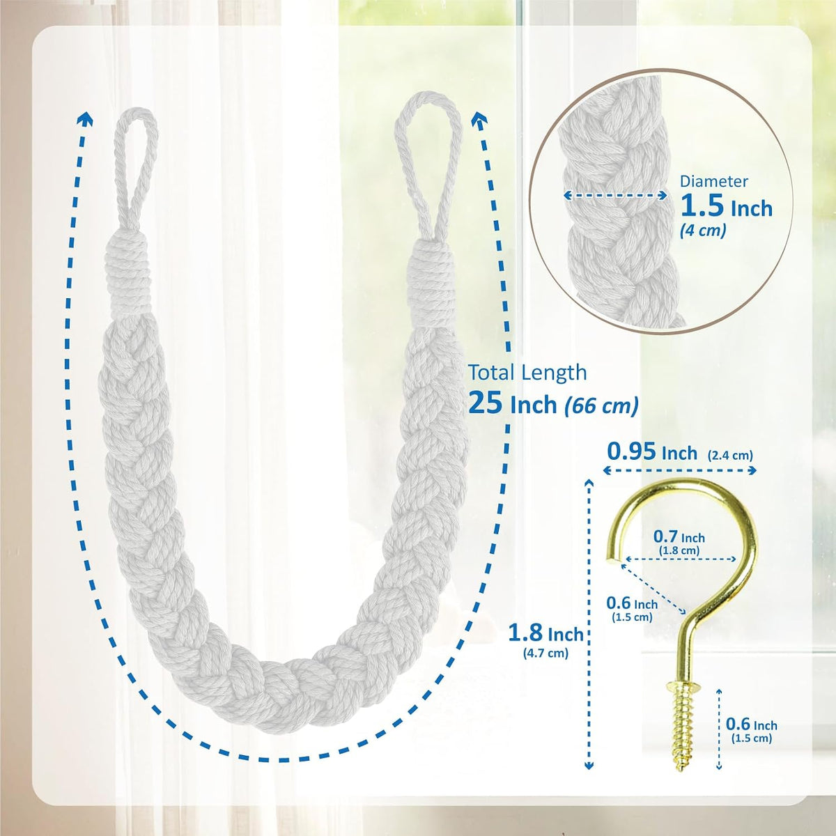 Home Queen Hand Braided Curtain Tieback, Buckle Holdback Drapery Curtain Tie Back, 2 Rope Cotton Belt Curtain Tie with 2 Metal Hooks, White