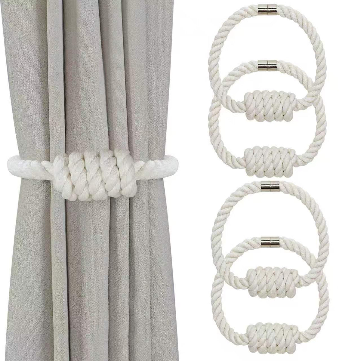 Magnetic Curtain Tiebacks, 2 Pack Jute Curtain Holdbacks, Elegant Hand Weave Rope Knot Curtain Tie Backs, Boho Curtain Tiebacks for Bedroom Room Nursery Decor