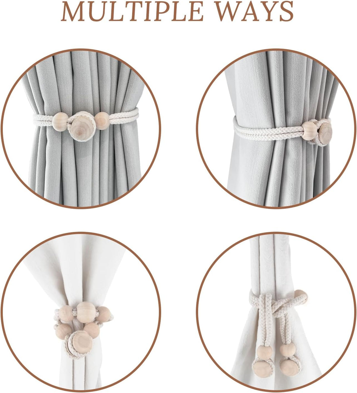 ZUFECY Wooden Magnetic Curtain Tiebacks (2-Pack) - 18.5in Adjustable Triple Bead Holdbacks for Boho Farmhouse Decor | Organic Wood Rustic Home Accessories