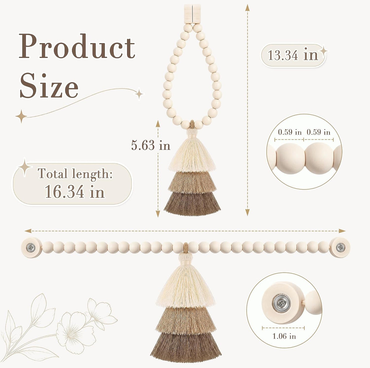 Magnetic Curtain Tiebacks, Wood Bead Curtain Holdbacks, Beige, 2 Pcs