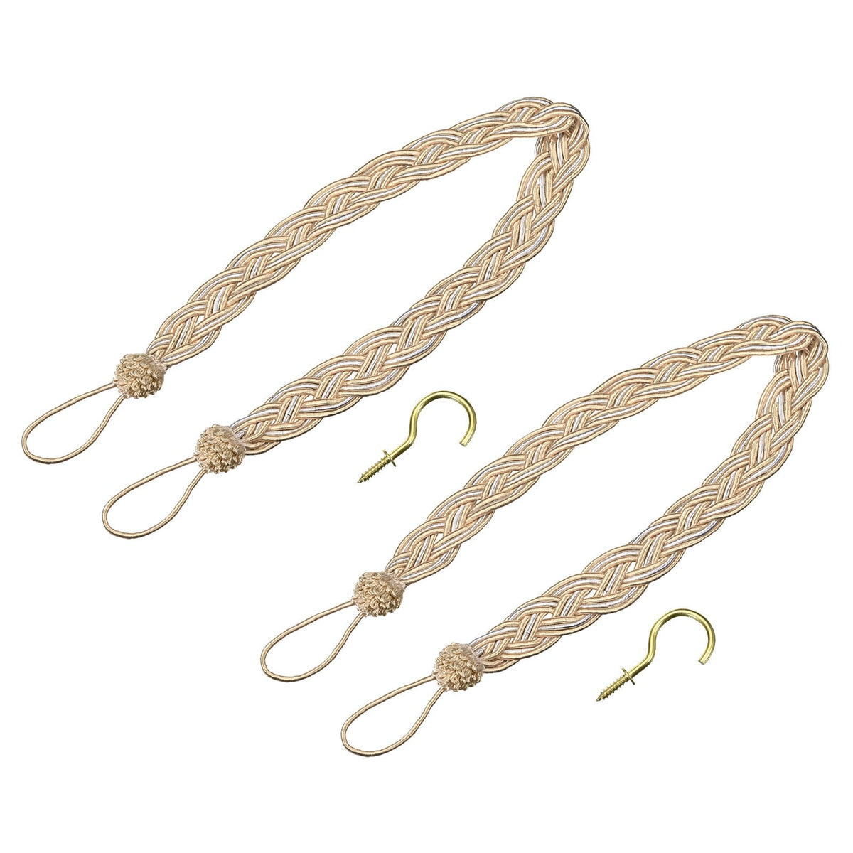 uxcell 4Pcs Curtain Tiebacks, 58cm/23 Braided Drapery Holdback Holder Decorative Rope Tie Back with 4 Metal Hooks, Taupe/Silver