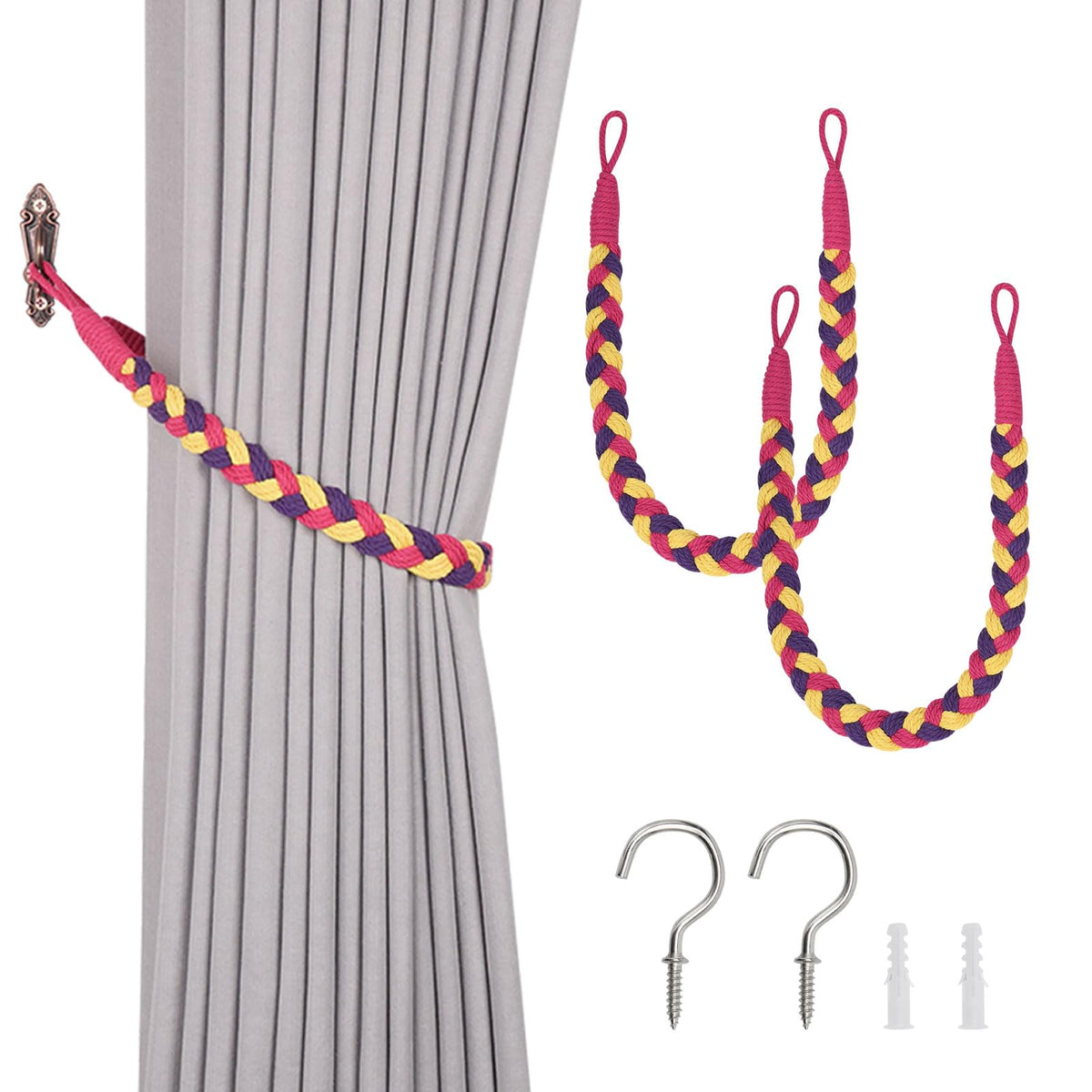 NICEEC 2 Pack Natural Cotton Rope Curtain Tiebacks Elegant Boho Style Decorative Drape Tie Backs Soft Hand-Woven Rope Curtain Holdbacks with Metal Hook for Home & Office Drapery (Coffee)