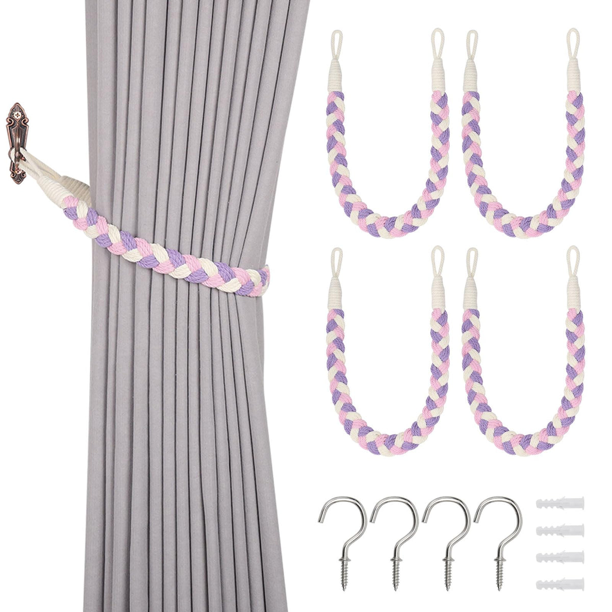 NICEEC 2 Pack Natural Cotton Rope Curtain Tiebacks Elegant Boho Style Decorative Drape Tie Backs Soft Hand-Woven Rope Curtain Holdbacks with Metal Hook for Home & Office Drapery (Coffee)
