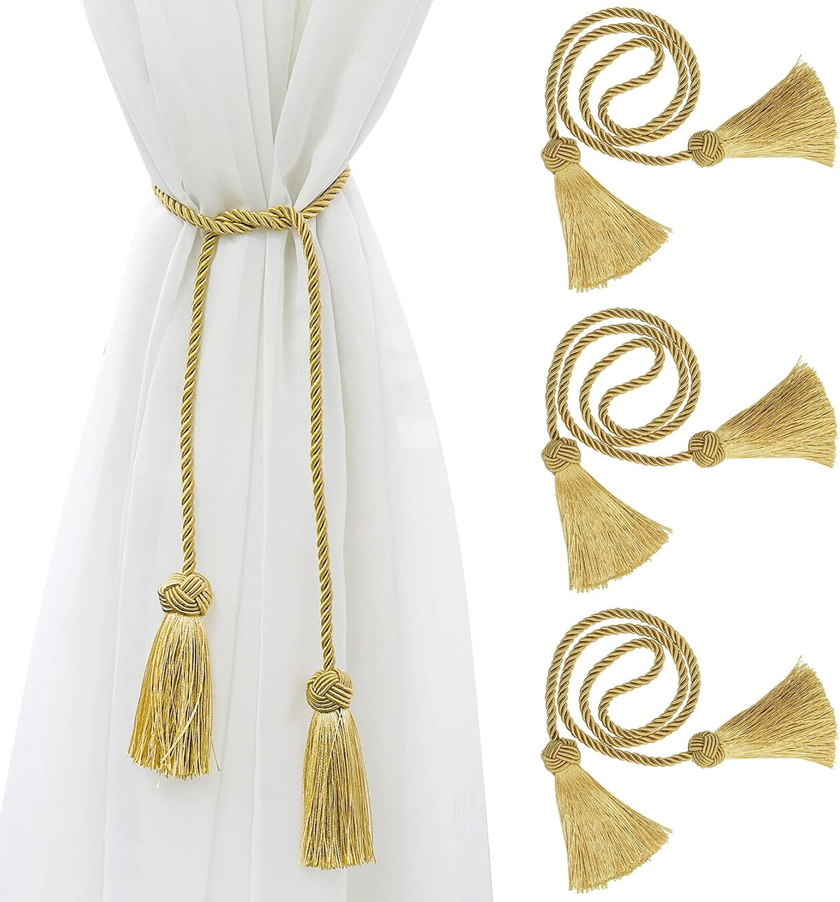 4 Pack Curtain Tiebacks Window Curtain Tiebacks Decorative Tassels Tieback Gold Rope with Tassels for Home Window Office Decoration(Gold)