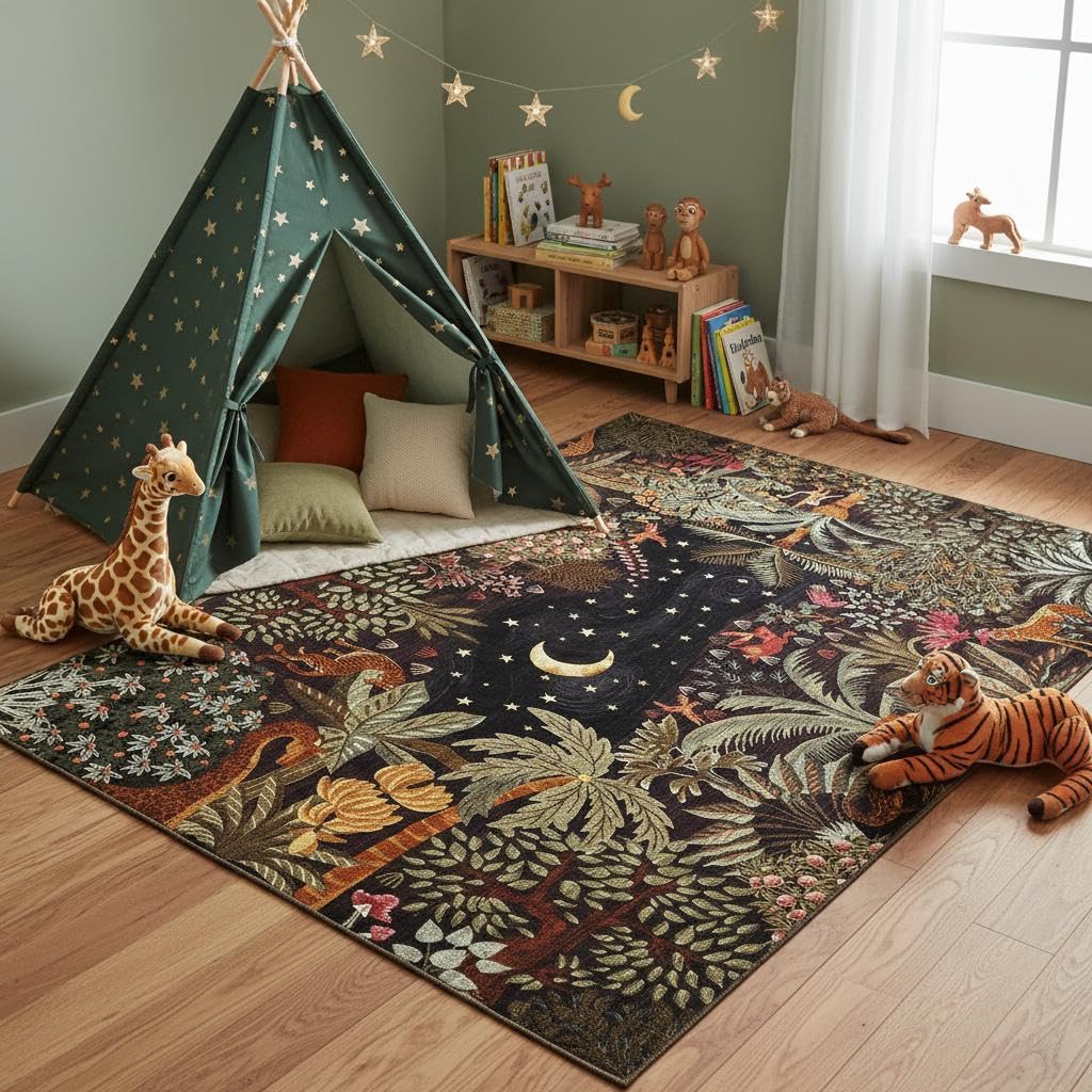 GarveeHome 5x7 Jungle Area Rug Washable Rugs for Living Room Bedroom, Soft Low Pile Non Slip Accent Floor Mat Animal Print Throw Rug Indoor Carpet Dining Room Playroom