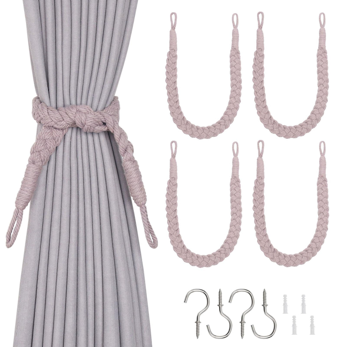 NICEEC 2 Pack Natural Cotton Rope Curtain Tiebacks Elegant Boho Style Decorative Drape Tie Backs Soft Hand-Woven Rope Curtain Holdbacks with Metal Hook for Home & Office Drapery (Coffee)