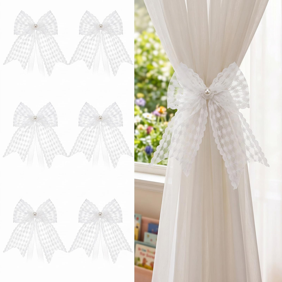 White Lace Bow Curtain Tiebacks 6-Pack, Vine Floral Curtain Holdbacks