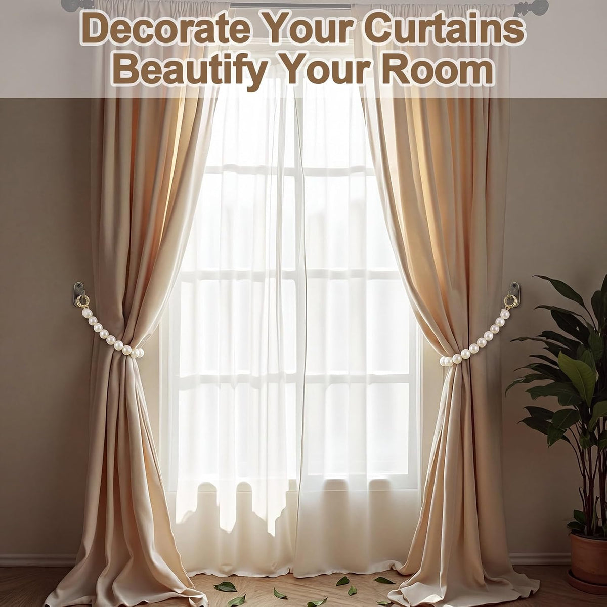 Tondiamo 2 Pack Pearl Curtain Tiebacks Decorative Window Drape Holdbacks with Large Pearls French Rustic Curtain Tie Bands for Bedroom Living Room Home Decor (Single)