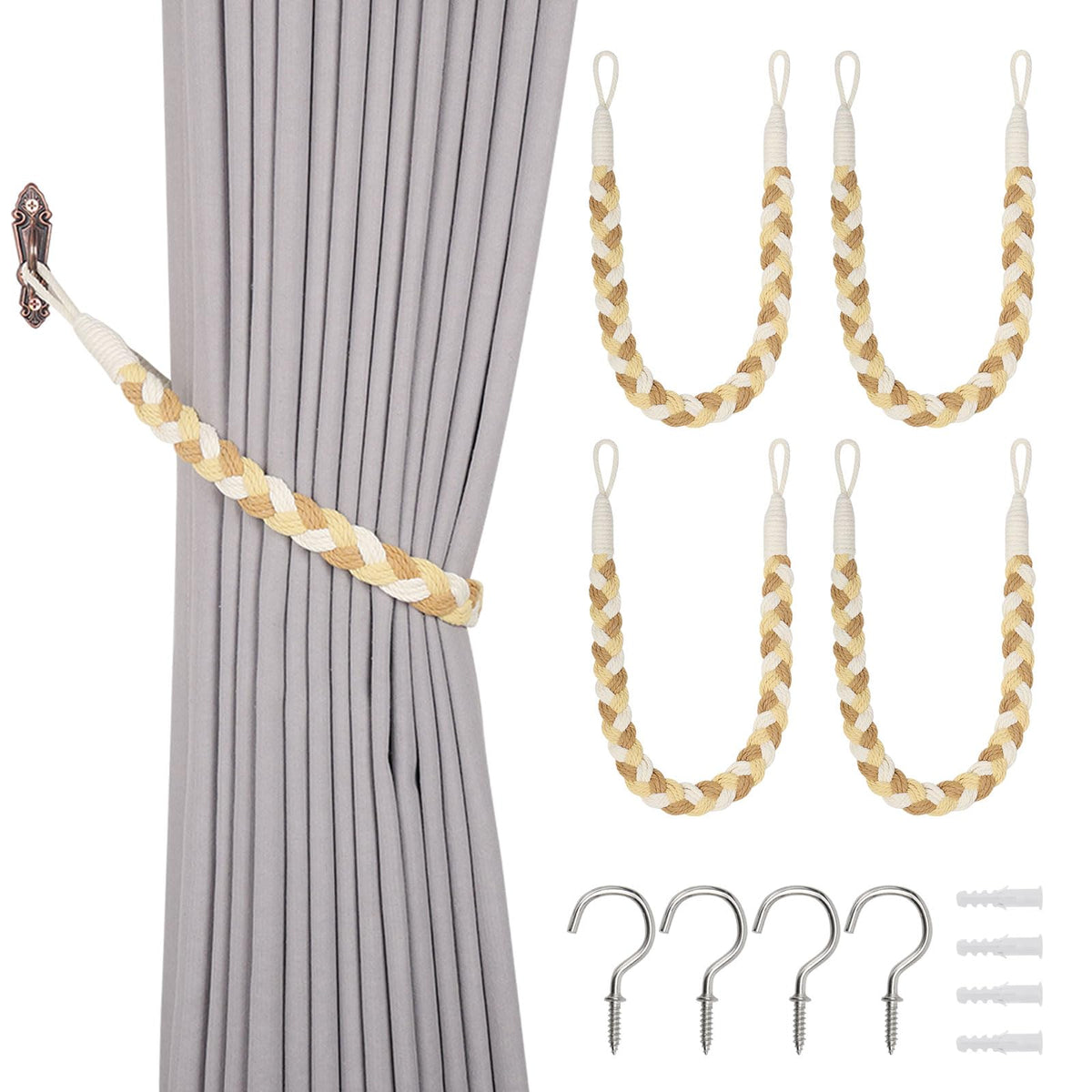 NICEEC 2 Pack Natural Cotton Rope Curtain Tiebacks Elegant Boho Style Decorative Drape Tie Backs Soft Hand-Woven Rope Curtain Holdbacks with Metal Hook for Home & Office Drapery (Coffee)