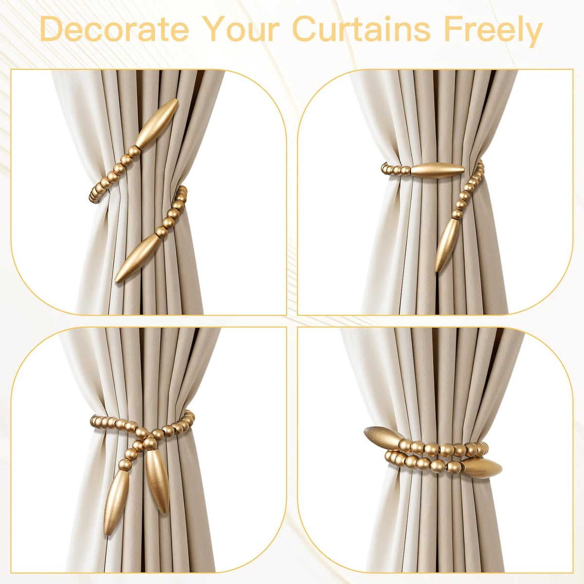 Wood Bead Curtain Tiebacks 2 Pack, No Drill Curtain Holdbacks, Gold