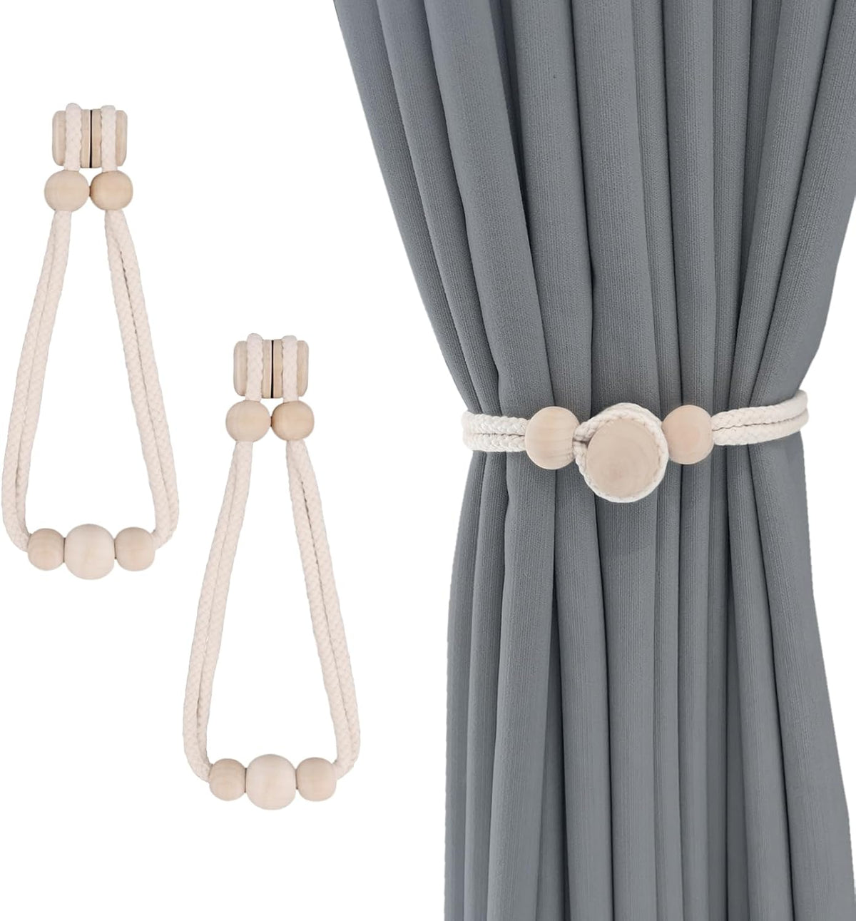 ZUFECY Wooden Magnetic Curtain Tiebacks (2-Pack) - 18.5in Adjustable Triple Bead Holdbacks for Boho Farmhouse Decor | Organic Wood Rustic Home Accessories