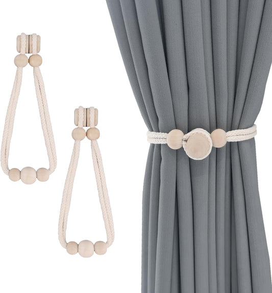 ZUFECY Wooden Magnetic Curtain Tiebacks (2-Pack) - 18.5in Adjustable Triple Bead Holdbacks for Boho Farmhouse Decor | Organic Wood Rustic Home Accessories
