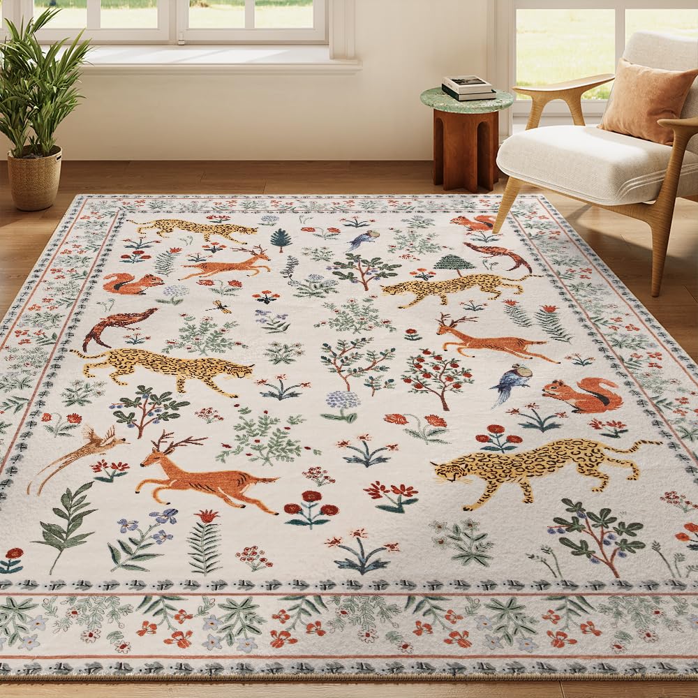 8x10 Reddish Brown Washable Area Rug for Living Room, Vintage Print
