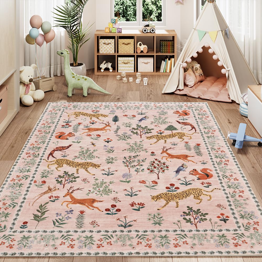 8x10 Reddish Brown Washable Area Rug for Living Room, Vintage Print