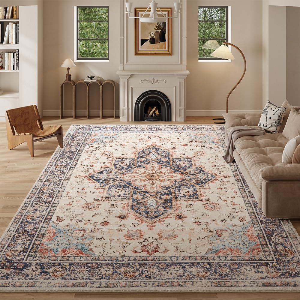 8x10 Reddish Brown Washable Area Rug for Living Room, Vintage Print