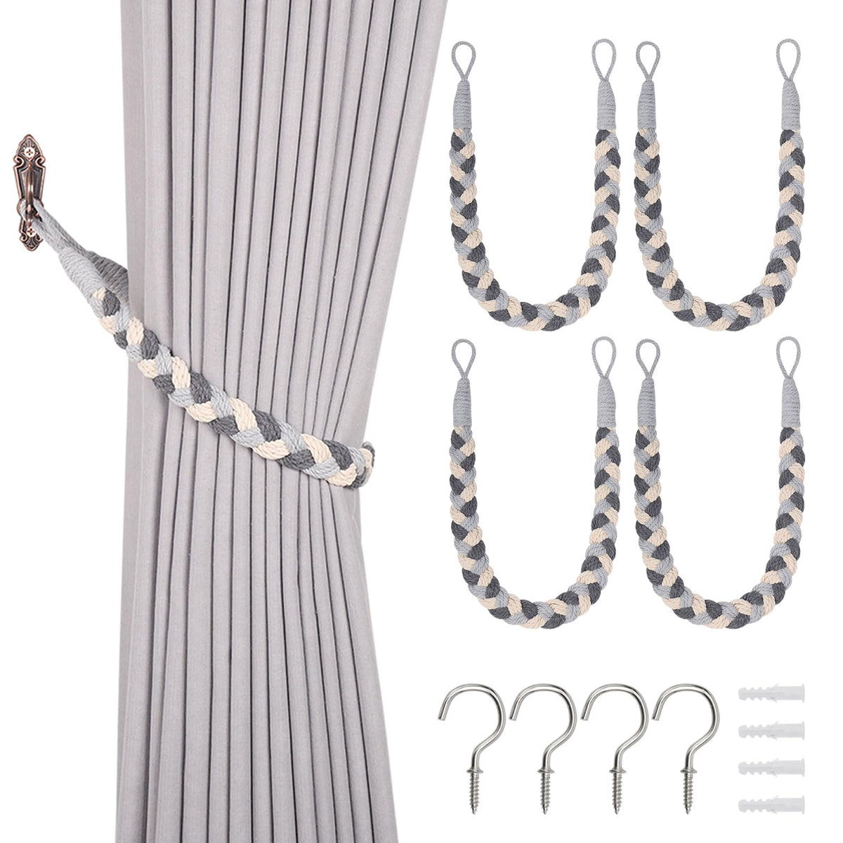 NICEEC 2 Pack Natural Cotton Rope Curtain Tiebacks Elegant Boho Style Decorative Drape Tie Backs Soft Hand-Woven Rope Curtain Holdbacks with Metal Hook for Home & Office Drapery (Coffee)