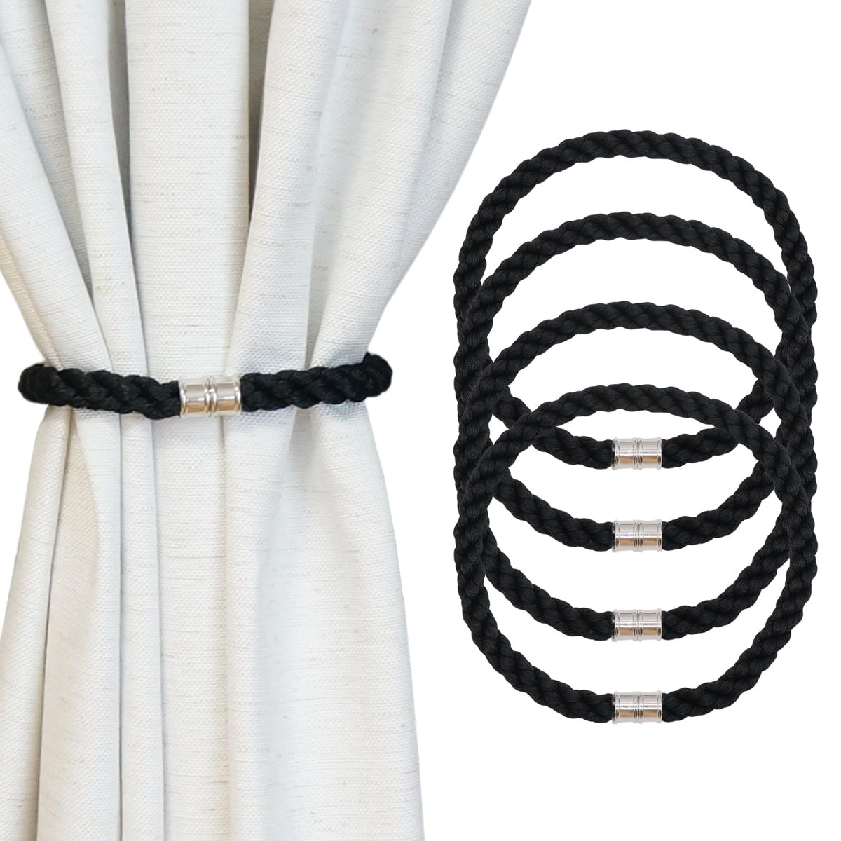 Magnetic Curtain Tiebacks, 2pcs Modern Handmade Rope Curtain Tie Backs Decorative Curtain Holdbacks Holders Cord for Window Sheer Drapes Indoor Outdoor, Grey