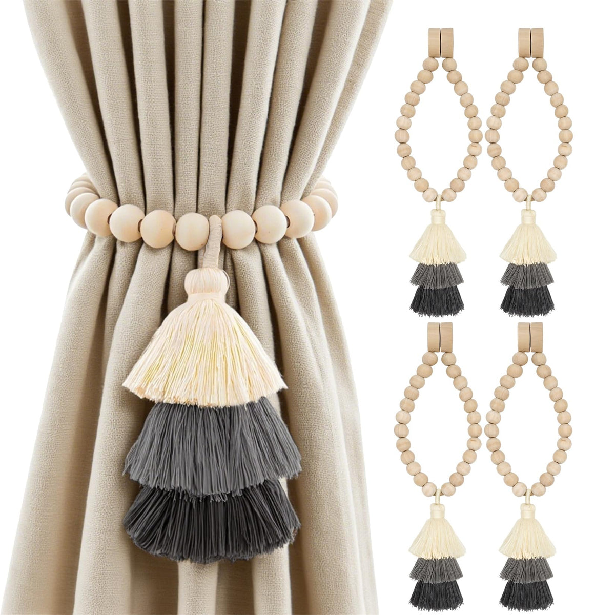 Magnetic Curtain Tiebacks with Wood Beads, Boho Rope Drapery Holdbacks with Triple Tassels, No Drill Curtain Holders for Farmhouse Bedroom, Living Room or Nursery, 2 Pack, Beige Taupe Brown