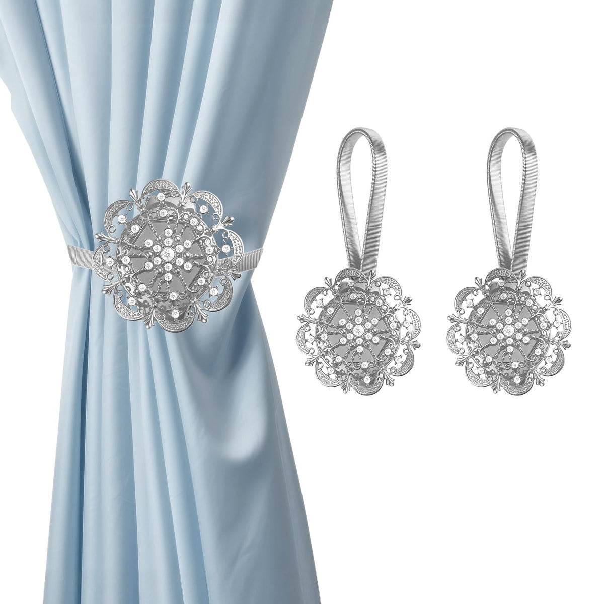 Magnetic Curtain Tiebacks 2 Pack, Silver Crystal Flower No-Drill Curtain Holdbacks with Flexible Spring Wire for Living Room Bedroom Window Decor