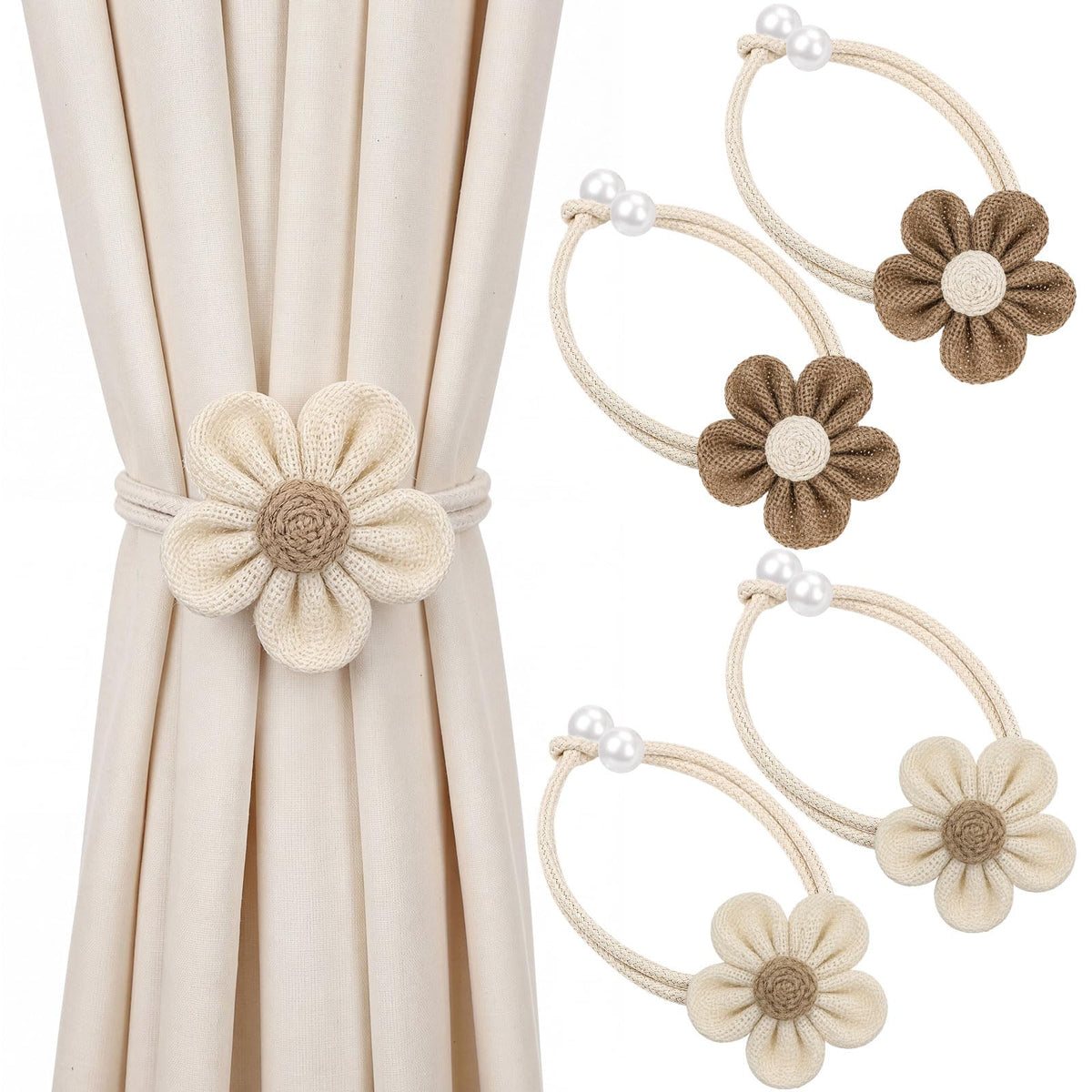 Tegeme 4 Pcs Curtain Tiebacks Flower Curtain Holdbacks Boho Floral Drapery Holdbacks No Drill DIY Decorative Ties for Home Office Wall Hangings Nursery Bedroom Decor(White,Boho Flower)