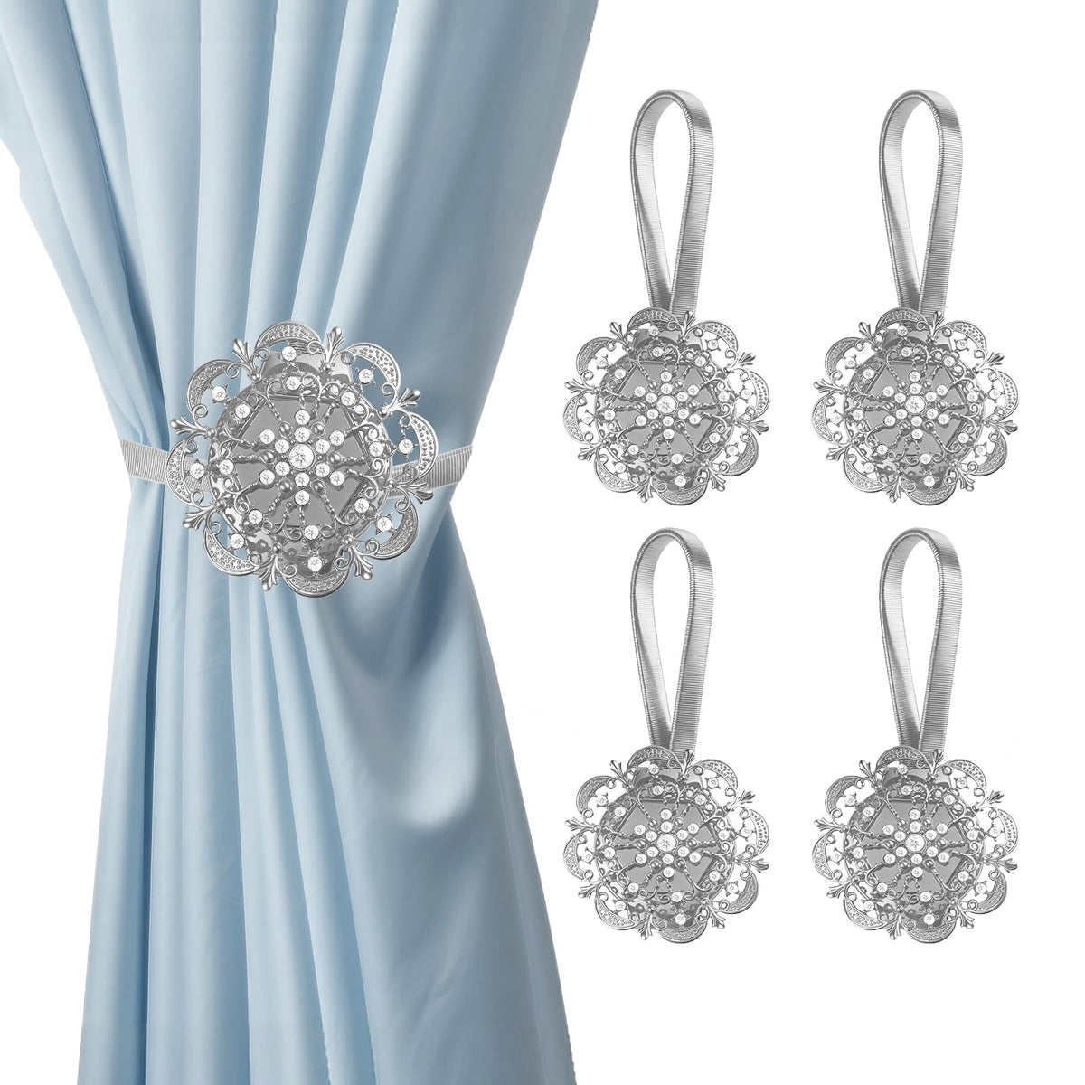 Magnetic Curtain Tiebacks 2 Pack, Silver Crystal Flower No-Drill Curtain Holdbacks with Flexible Spring Wire for Living Room Bedroom Window Decor