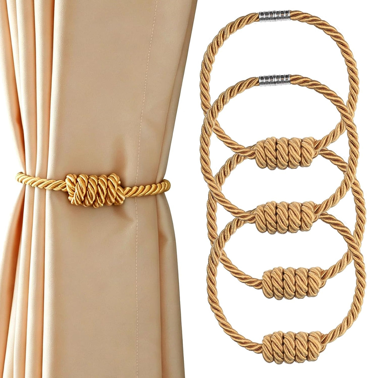 2 Pack Magnetic Curtain Tiebacks with Rope Knot(Gold,2P)