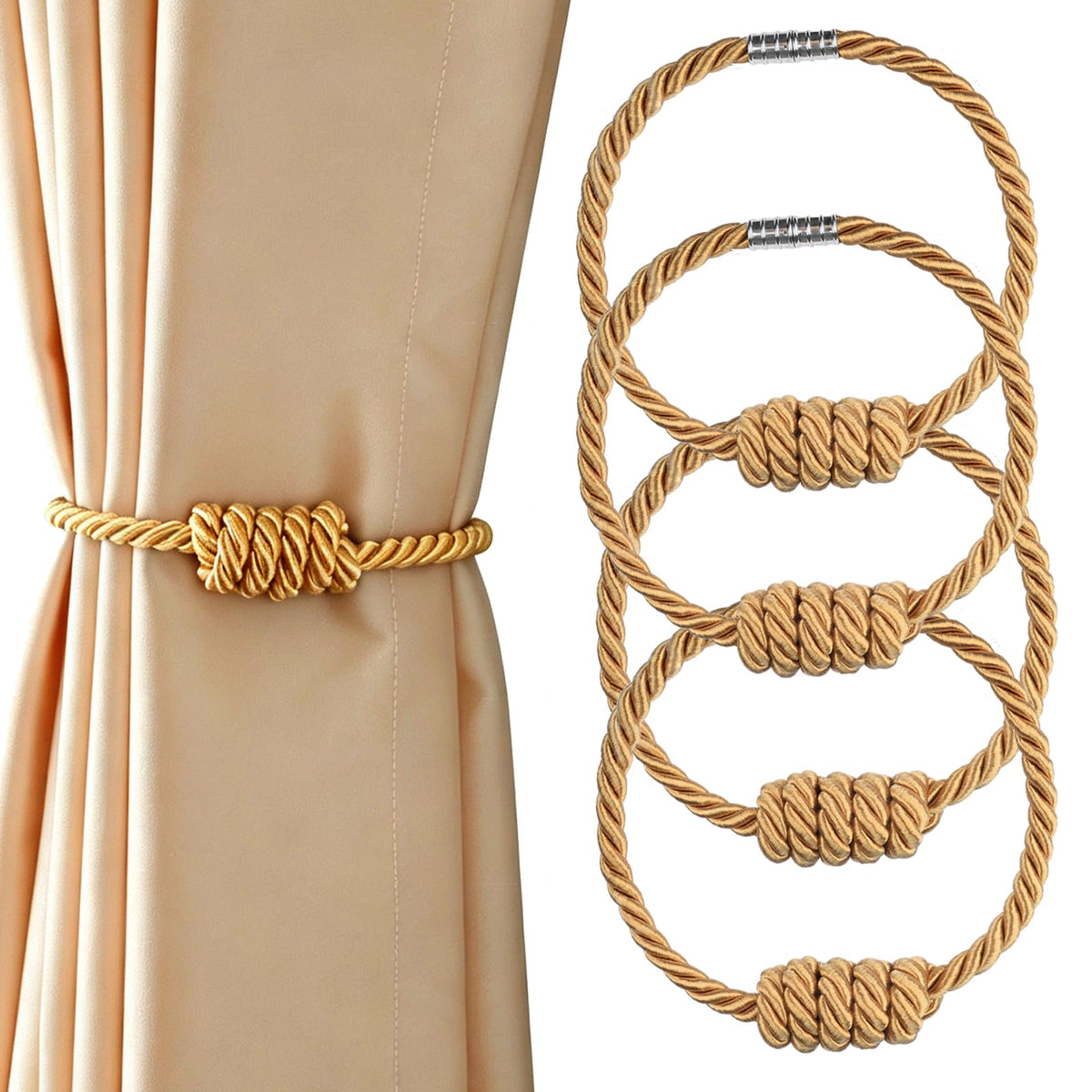 2 Pack Magnetic Curtain Tiebacks with Rope Knot(Gold,2P)
