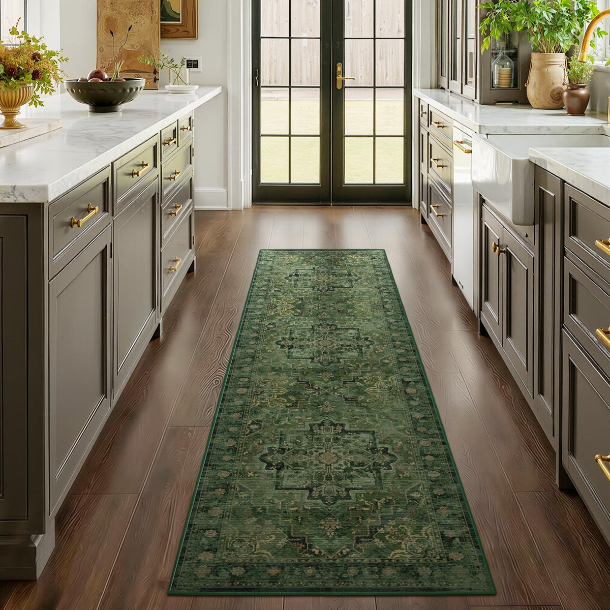 Vintage Distressed 5x7 Area Rugs for Living Room Bedroom Non Slip Washable, Medallion Pattern Printed Low Pile Thin Carpet Rugs for Dining Room/Kitchen/Home Office, Multi Brown Olive Accents