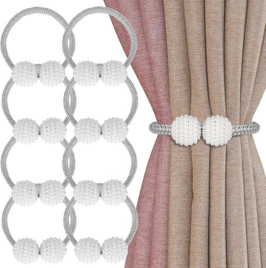 8 Pack Magnetic Curtain Tiebacks with Pearls,Elegant Window Treatment Holdbacks for Heavy Outdoor Drapes (Grey)