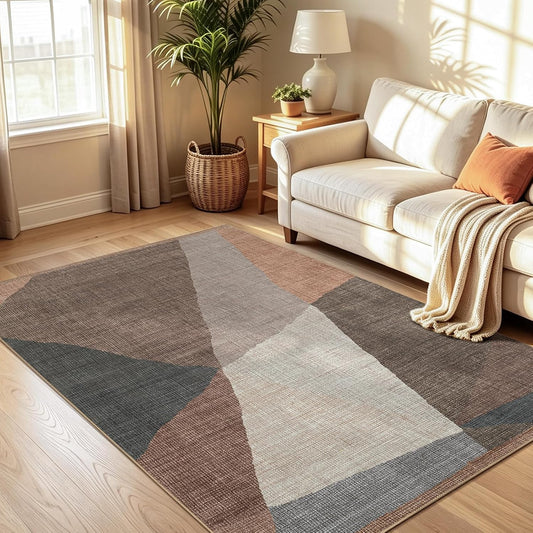 YIHOUSE Geometric Area Rug, Washable Non-Slip Low Pile, Brown, 5 x 7 ft