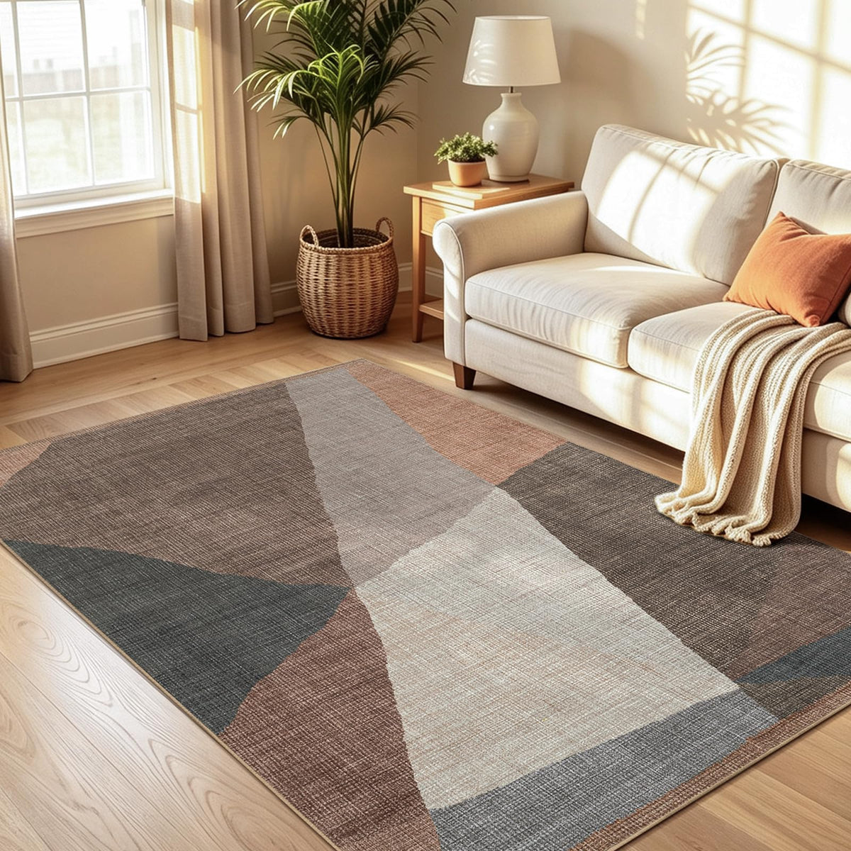 YIHOUSE Geometric Area Rug, Washable Non-Slip Low Pile, Brown, 5 x 7 ft