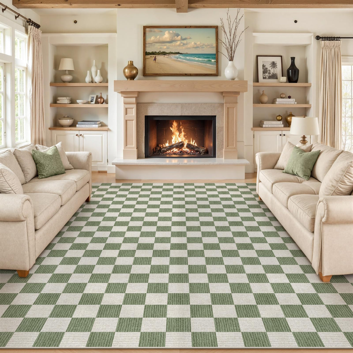 LIVEBOX 8x10 Area Rugs for Living Room, Checkered Non-Slip Washable Rugs, Farmhouse Neutral Classic Geometric Large Boys Area Rug for Bedroom, Carpet for Living Dining Room Office(Sage Green,8'x10')