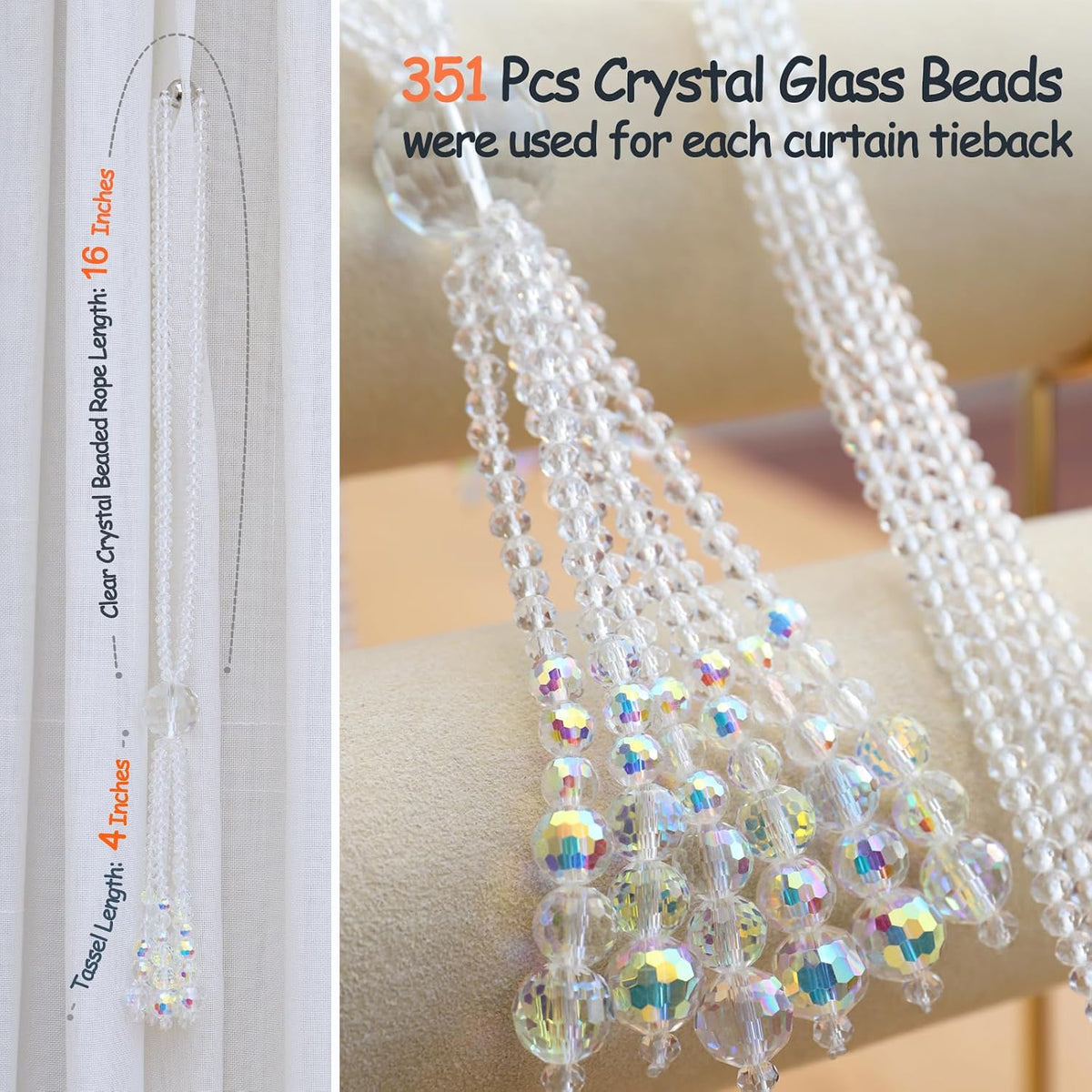 PEDOBO Magnetic Curtain Tiebacks, 2 Pack Crystal Beaded Tassel Sheer/Drapery Curtain Holdbacks, Boho Hanging Decor for Farmhouse Home Office (Crystal AB)