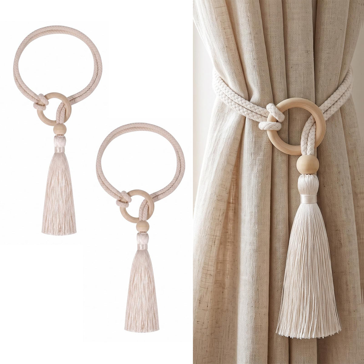 Cotton-Linen Curtain Tiebacks with Tassels (Ivory 4 Pack)