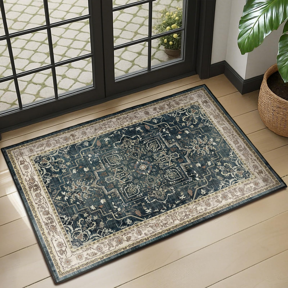 Vintage Distressed 5x7 Area Rugs for Living Room Bedroom Non Slip Washable, Medallion Pattern Printed Low Pile Thin Carpet Rugs for Dining Room/Kitchen/Home Office, Multi Brown Olive Accents