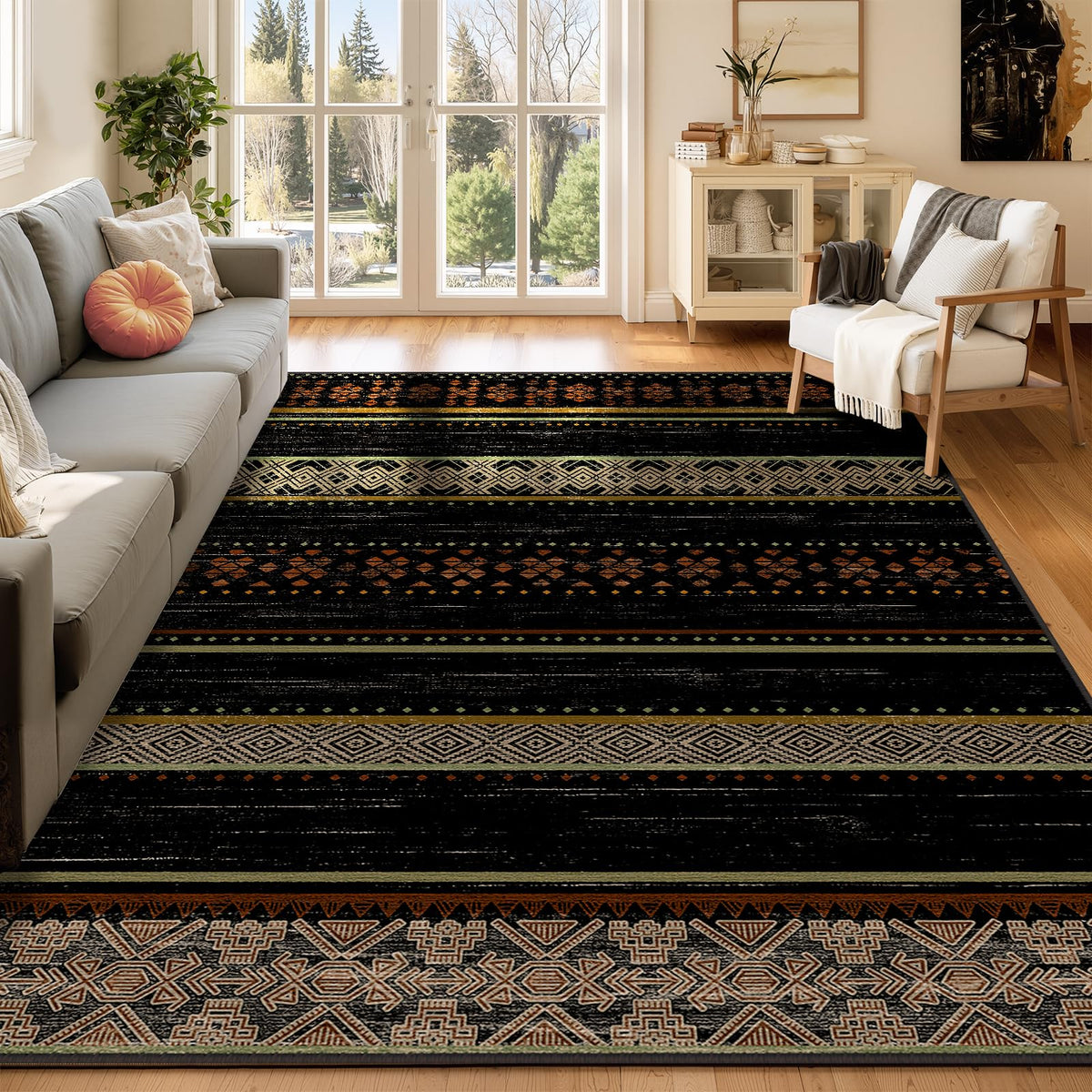 8x10 Washable Area Rugs for Living Room Boho Bedroom Rug Black/Brown